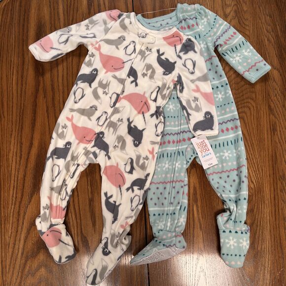 Carters Fleece Sleepers Footed 12 Months Set of 2 Cream Penguins Mint Green - Picture 2 of 8